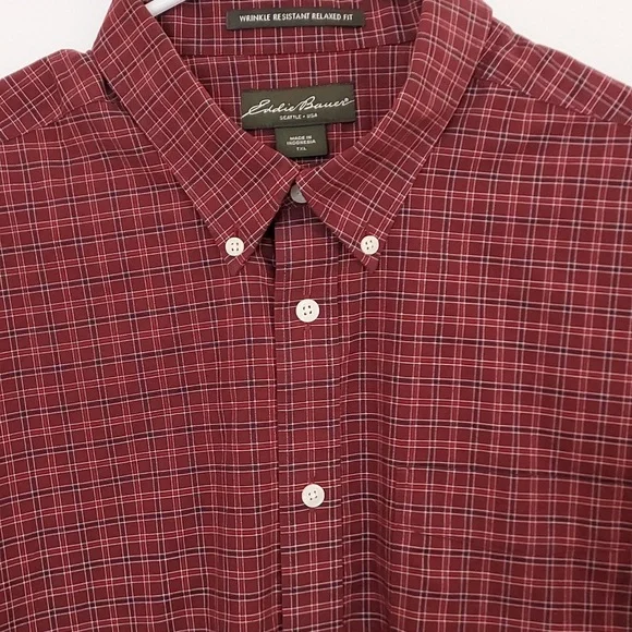 *Eddie Bauer Men's Burgundy Red with Black and Cream Checkered Shirt Size TXL - Picture 2 of 10